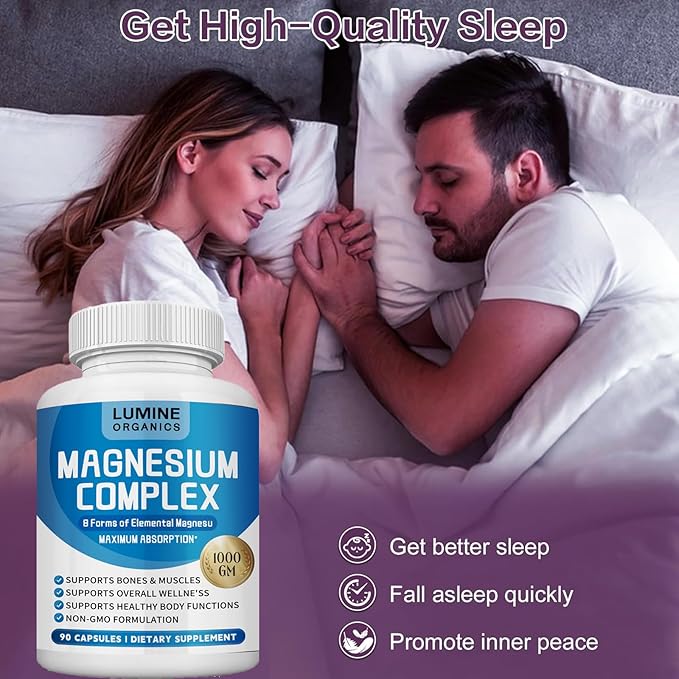1PCSLumine Organics Magnesium Complex Magnesium Complex for Women Supplement 1000mg - Advanced 8-in-1 Magnesium Blend - GlycinateCitrateMalateTaurate90 Capsules (1)