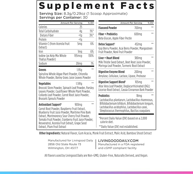 Livingood Daily Greens &amp Superfood Powder Super Greens for Gut Health Green Juice Powder with Spirulina Chlorella and Digestive Enzymes Probiotics for Digestive Support Berry 30 Servings