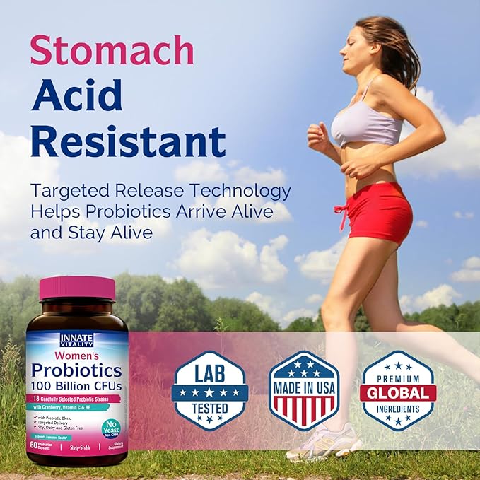 Innate Vitality Probiotics for Women 100 Billion CFUs 18 Strains Prebiotics and Probiotics with Cranberry Vitamin C &amp B6 P5P Vaginal &amp Digestive Health Non refrigerated 60 Caps