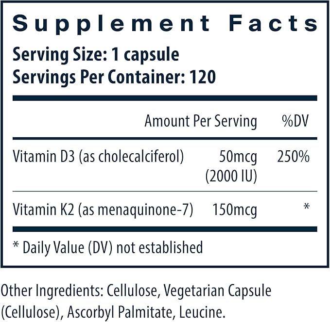 Vital Nutrients Vitamin D3 + K2-2000 IU - Vitamin D3 K2 Supplement - Vitamin D Complex for Healthy Calcium Levels Muscle &amp Bone Health - Gluten Dairy Soy Free - 120 Capsules