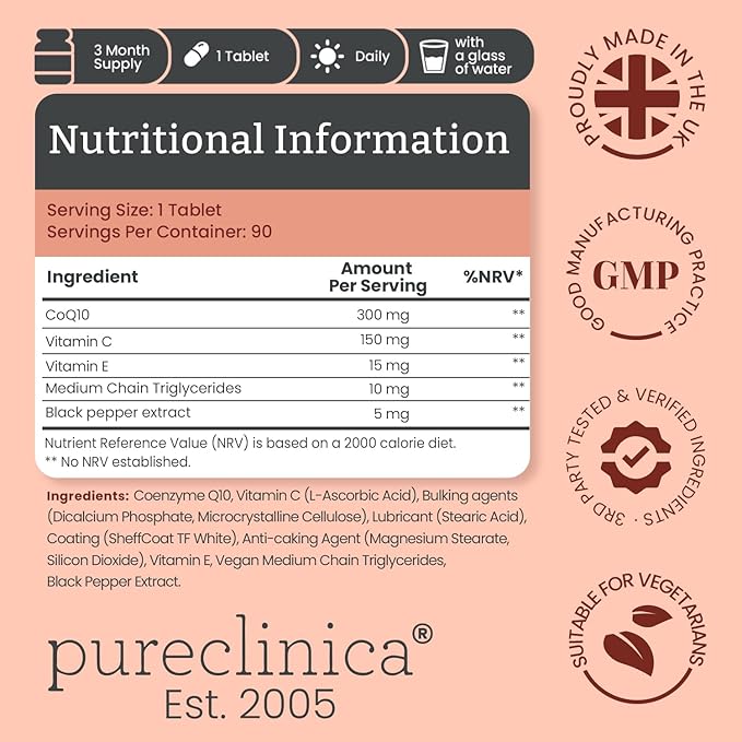 pureclinica CoQ10-300mg x 540 Tablets (6 Bottles with 90 Tablets Each - 18 Months Supply) with Vitamin C and Black Pepper Extract