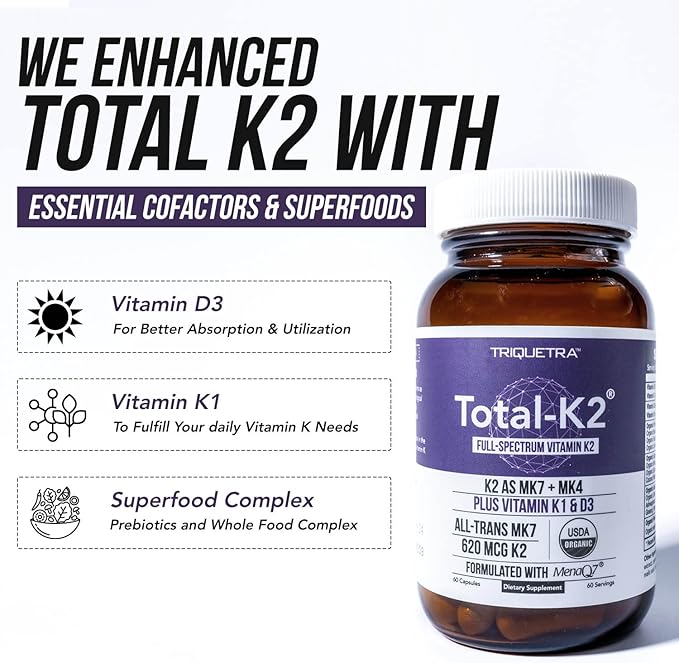 Total K2® | Vitamin K2 as MK7 &amp MK4 | Plus K1 &amp Vitamin D3 Cofactor - 620 mcg K2 per Serving - All-Trans MK7 from MenaQ7® - Full-Spectrum Vitamin K - Vegan Organic Certified (60 Capsules)