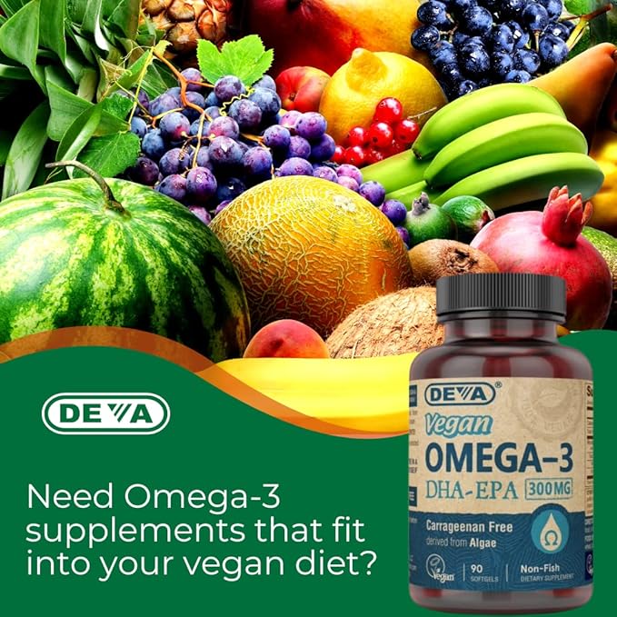 DEVA Vegan DHA-EPA Nutritional Supplement Non-Fish Derived from Algae 300 mg Potency 90 Vegetarian Softgels - Pack of 2