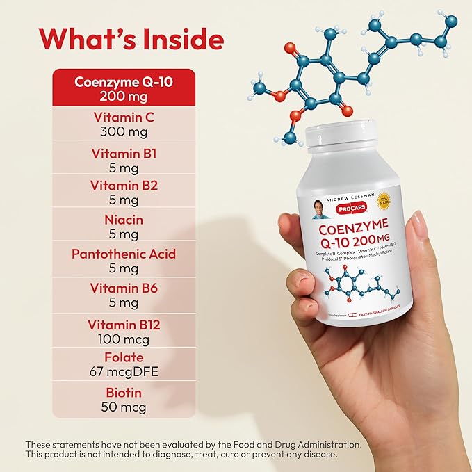 ANDREW LESSMAN Coenzyme Q-10 200 mg 60 Capsules - Essential for Energy Production and Optimum Key Organ Function Anti-Oxidant Support Depleted by Aging Plus B-Complex. Easy to Swallow Capsules