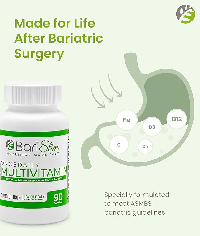 BariSlim Once Daily Bariatric Multivitamin Capsule - 60mg of Iron - Bariatric Vitamin &amp Supplement for Post WLS Surgery Including Gastric Bypass &amp Gastric Sleeve | 90 Day Supply