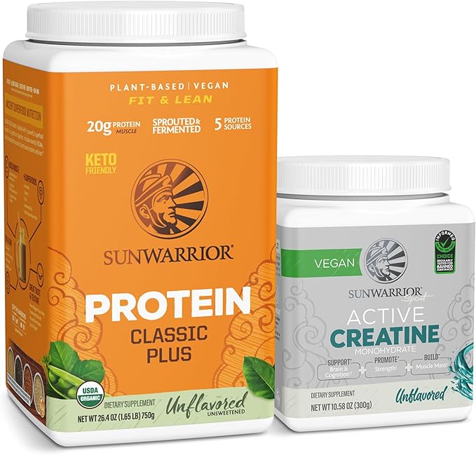Sunwarrior Vegan Protein Powder | Unflavored 30 Servings &amp Creatine Monohydrate Powder | Unflavored 60 Servings