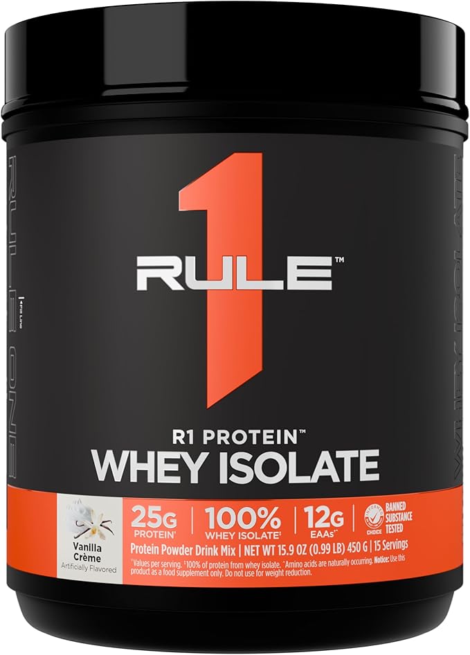 Rule 1 R1 Protein Whey Isolate - with 25g Protein &amp 6g BCAA Exclusively from Isolated &amp Hydrolyzed Sources for Workout Recovery (1 Pound* Vanilla Creme)