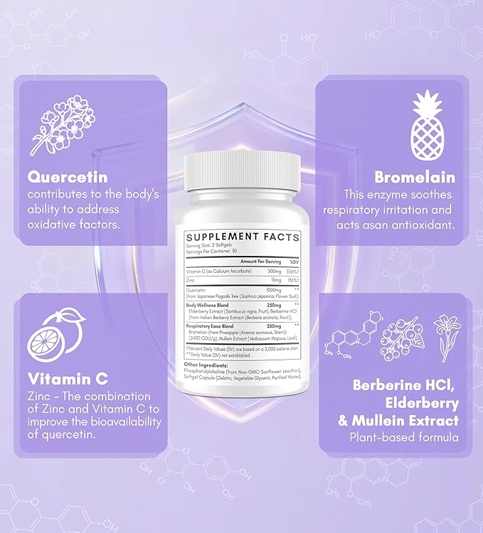 Quercetin with Bromelain | Liposomal Quercetin Supplements with Higher Absorption for Respiratory &amp Immunity* | Quercitin 1000mg with Vitamin C &amp Zinc 120 Softgels (60 Day Supply)