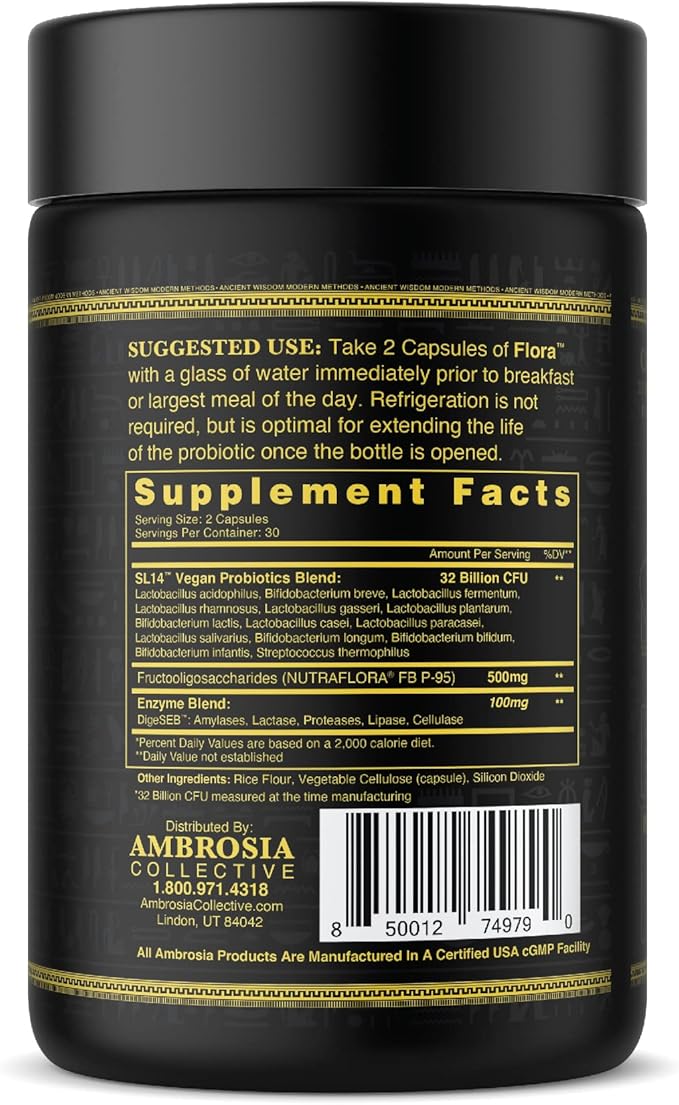 Ambrosia Flora Digestive Enzymes with Probiotics and Prebiotics Plant Based Gut Health Supplement 32 Billion CFU Vegan Probiotic for Digestive Health (30 Servings)