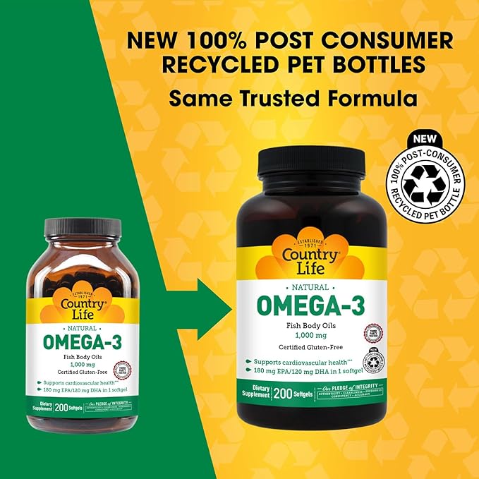 Country Life Omega-3 Fish Oil Supplement 1000mg 180mg EPA &amp 120mg DHA Fish Oil Concentrate Burpless 200 Softgels Certified Gluten Free