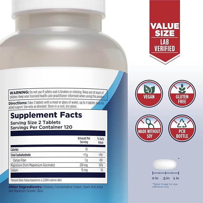 KAL Magnesium Glycinate Tablets Fully Chelated High Absorption Formula with Magnesium Bisglycinate Chelate for Nerve Muscle &amp Bone Health Support Vegan Gluten Free Value Size 240 Tablets