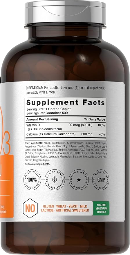 Horbaach Calcium 600 mg with Vitamin D3 | 500 Coated Caplets | for Women and Men | Non-GMO &amp Gluten Free Supplement