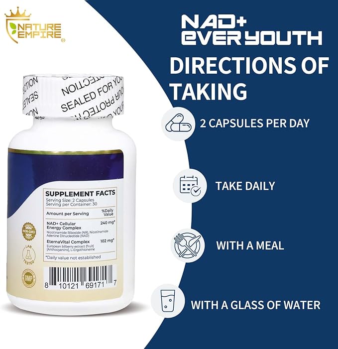Nature Empire NAD+ Ever Youth – Cellular Renewal Supplement with L-ErgothioneineNicotinamide Riboside (NR) &amp NAD+ Antioxidant Support for Energy &amp Aging Health 60 Vegan Capsules
