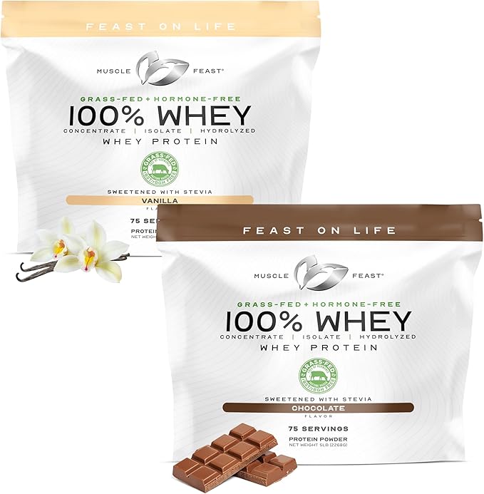 Muscle Feast 100% Grass Fed Whey Protein Bundle – Chocolate &amp Vanilla Blend 5lb Each – All Natural Hormone-Free Whey Concentrate Isolate &amp Hydrolyzed Mix