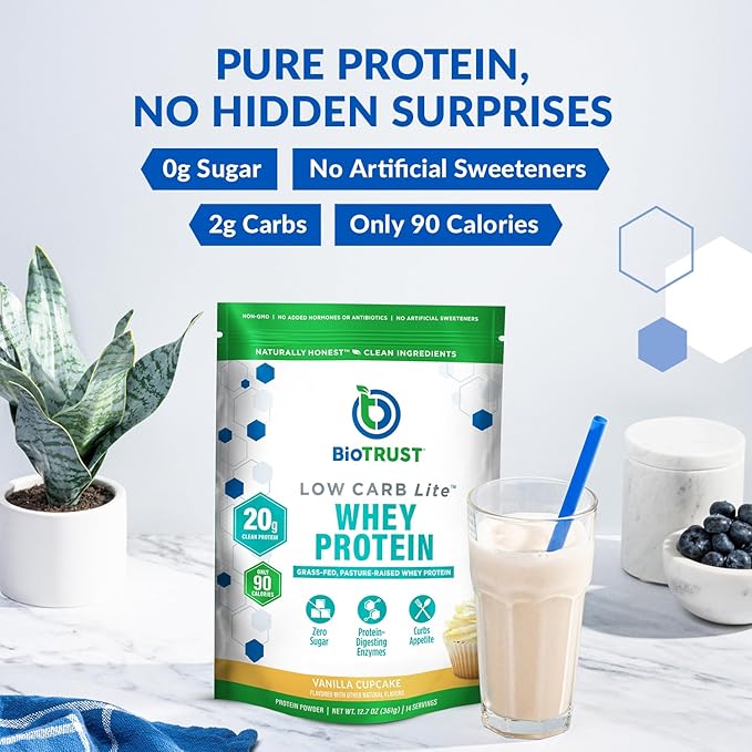 BioTrust Low Carb Lite 20 Grams of Grass-Fed Whey Protein Isolate 100 Calories ProHydrolase Digestive Enzymes Non-GMO Free from Soy and Gluten rBGH-Free (14 Servings) (Vanilla Cupcake)