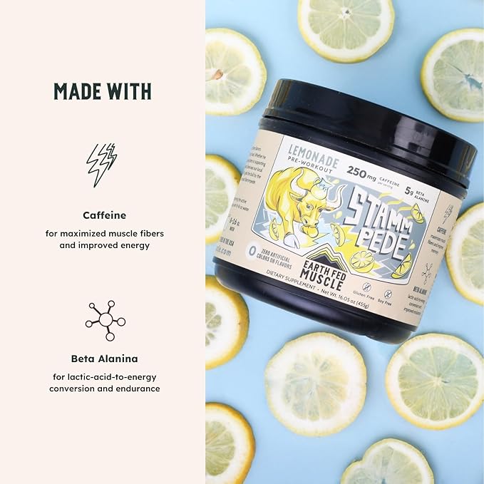 Earth Fed Muscle Stammpede Pre Workout Powder Lemonade Flavor 250mg Caffeine Powder 5g Beta Alanine Citrulline Taurine &amp Tyrosine Gluten &amp Sugar Free Pre Workout Keto Friendly 26 Servi