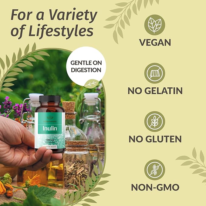 HERBAMAMA Inulin Powder Capsules 1200mg - Digestive Support &amp Gut Cleanse with Inulin Prebiotic Fiber - Vegan Non-GMO Chicory Root Powder Supplement (Pack of 2)