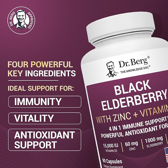 Dr. Berg Black Elderberry Capsules (Advanced Immune Support*) with 15000 IU Vitamin D 60 mg of Zinc &amp 90 mg of Camu Camu - (4-in-1) Sambucus Elderberry Immune Support Supplement - 90 Capsules