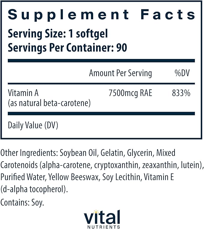 Vital Nutrients Natural Beta Carotene 25000IU - Precursor to Vitamin A - High-Dose Antioxidant - Vision Skin and Health Support - Gluten Dairy Soy Free - 90 Softgels