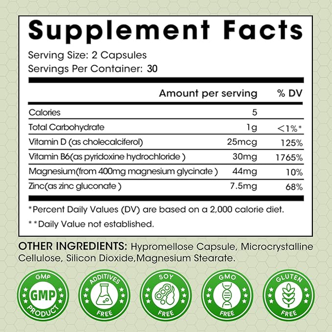 (2 Pack) Magnesium Glycinate Capsules Magnesium Supplement with Zinc Vitamin D3 &amp B6 - Highly Bioavailable and Absorption - Bone Heart Joint Immune Support 120 Vegan Capsules