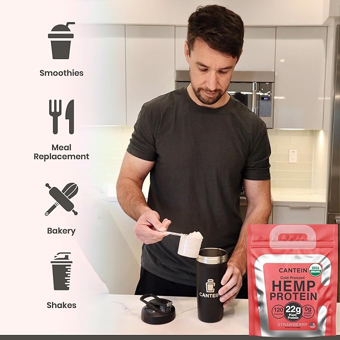 Organic Plant Based Protein Powder - 100% Hemp Protein Vegan Shake Mix - Lactose Dairy &amp Gluten Free Clean Natural Strawberry (20 Servings)