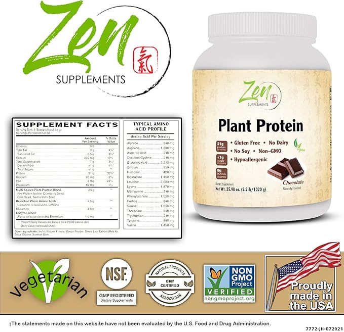 Zen Supplements Plant Protein-Chocolate 1020G 2.2LB-Powder - 23 Grams of Protein Per Serving -Vegan Low Net Carbs Non Dairy Gluten Free Lactose Free No Sugar Added Soy Free Kosher Non-GMO
