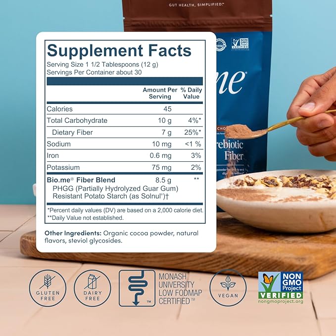 Bio.me Daily Prebiotic Fiber Powder Chocolate - 7g Per Serving - Soluble &amp Insoluble Fiber Supplement Powder for Women &amp Men - Digestive Health &amp Gut Health - GLP-1 Friendly Sugar Free -