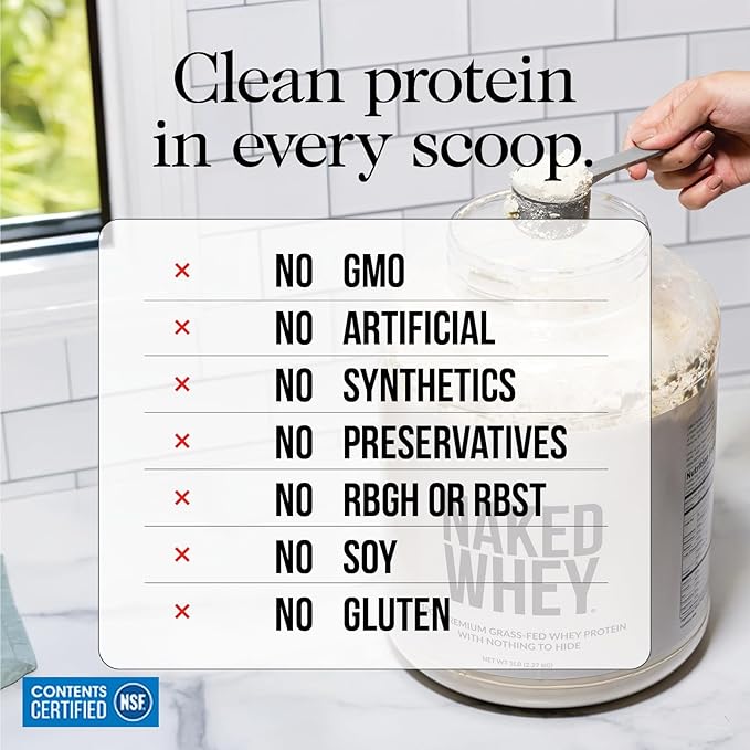 NAKED Whey 5LB 100% Grass Fed Unflavored Whey Protein Powder - Only 1 Ingredient NSF Certified Undenatured Gluten Free Soy Free Promote Muscle Growth and Recovery - 76 Servings