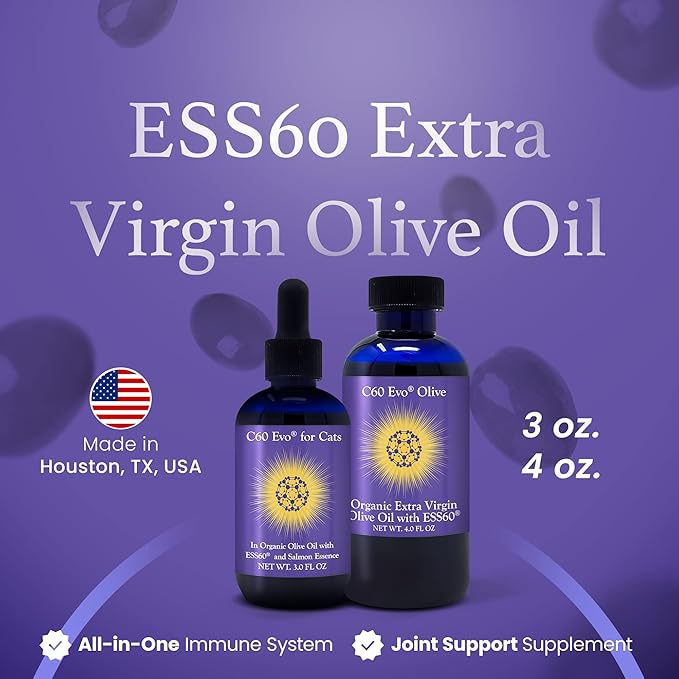 Cat Lover Set 2 Bottles of Pure ESS60 in Extra Virgin Olive Oil 1 for Humans and 1 for Felines Cat Supplements Infused with Natural Salmon Essence Must-Have Pet Supplies and Cat Products