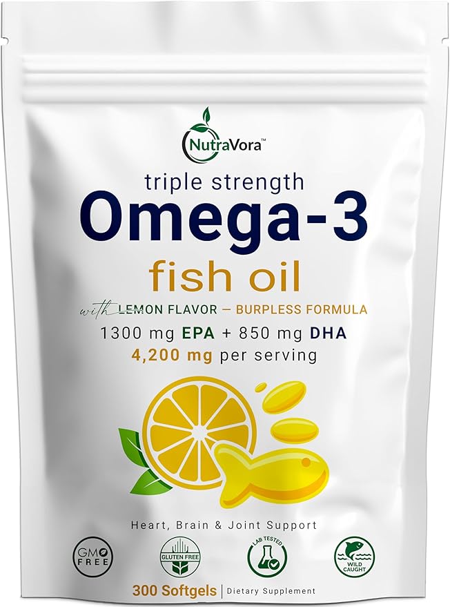 Triple Strength Omega-3 Fish Oil – 4200 mg Per Serving with 1300 mg EPA + 850 mg DHA – Lemon Flavor Burpless Formula – Wild-Caught Non-GMO Gluten-Free – 300 Softgels