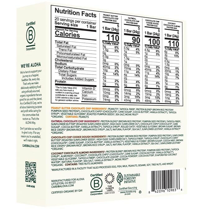 ALOHA Organic Plant Based Protein Bar MINIS | VARIETY PACK | GLP-1 Friendly 20 Count 24g Bars | Vegan Low Sugar Gluten Free Low Carb Non-GMO No Stevia No Soy No Sugar Alcohols