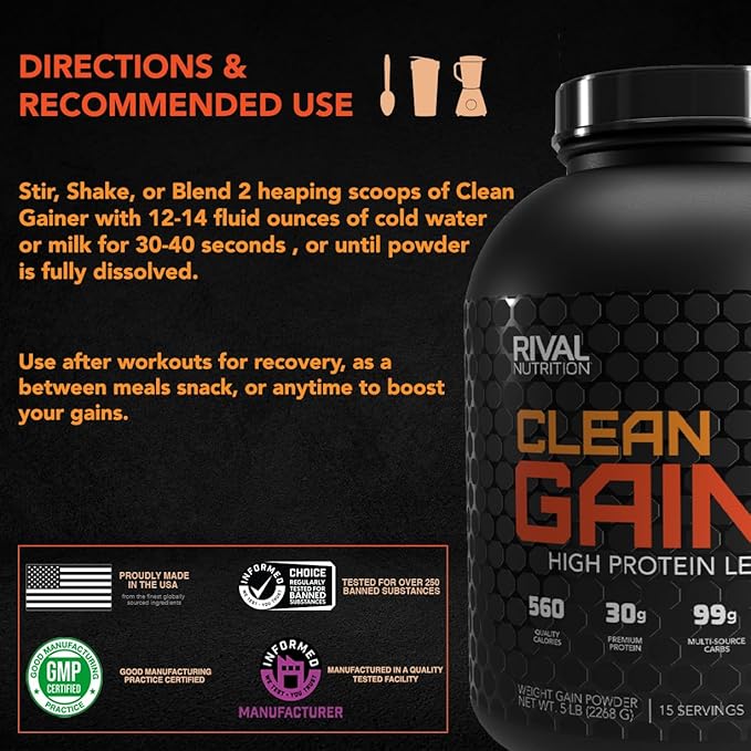 RIVAL NUTRITION Clean Gainer Protein Powder – 5LB Cookies &amp Cream – High Protein Lean Mass &amp Weight Gainer | 560 Calories 30g Protein 99g Multi-Source Carbs – 15 Servings