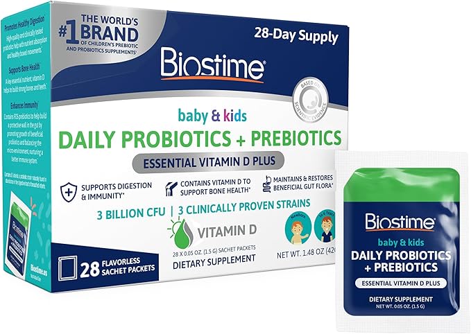 Biostime Infant Baby Toddler Kids Probiotic &amp Prebiotic with Vitamin D | Baby Probiotic Powder | Kids Immune Support | Constipation Relief for Babies * | Supports Digestion Gas Relief | 28 Packet