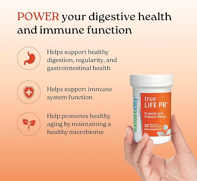 NatureCity True-Life-PB Shelf Stable Blend Prebiotics and Probiotics for Women and Men - Digestive Gut Health Supplements for Women and Men - Dairy Free - (30 Veggie Capsules)