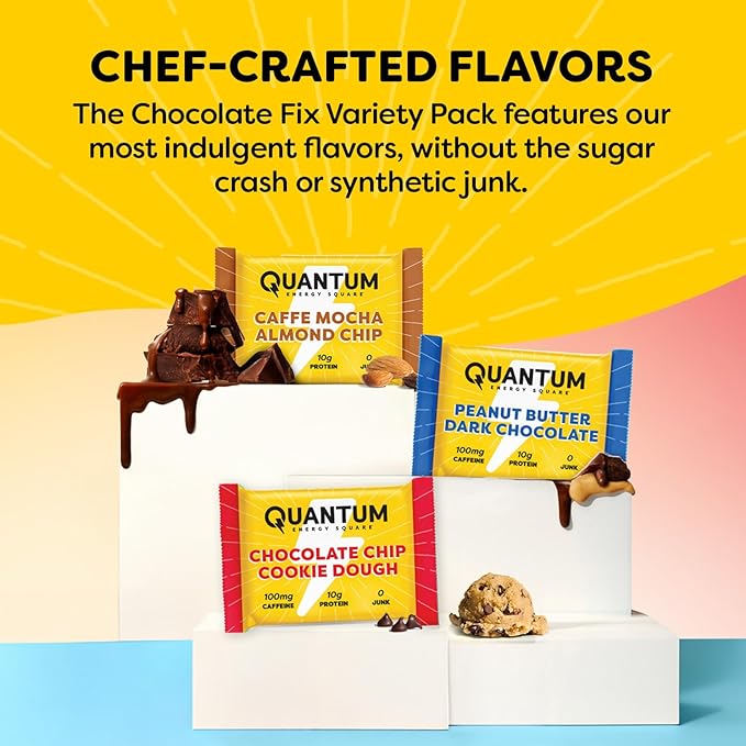 Quantum Energy Square - Peanut Butter Dark Chocolate Chocolate Chip Cookie Dough Caffe Mocha Almond Chip - Variety 12-Pack - 4 Bars Each