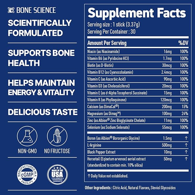 BONE SCIENCE Prime Height Multivitamin Powder for Kids &amp Teens Bone &amp Immune Support Sugar-Free Peach Flavor 16 Key Nutrients Easy Drink Mix 30 Sticks