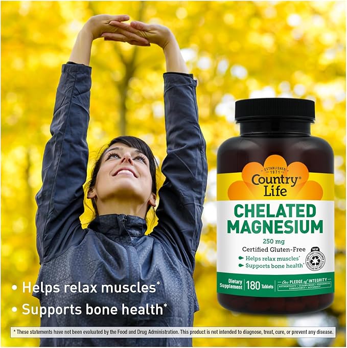 Country Life Chelated Magnesium 250mg - Supports Heart Bone &amp Muscle Health Vegan-Friendly Magnesium Supplement with Magnesium Oxide and Amino Acid Chelate Gluten-Free