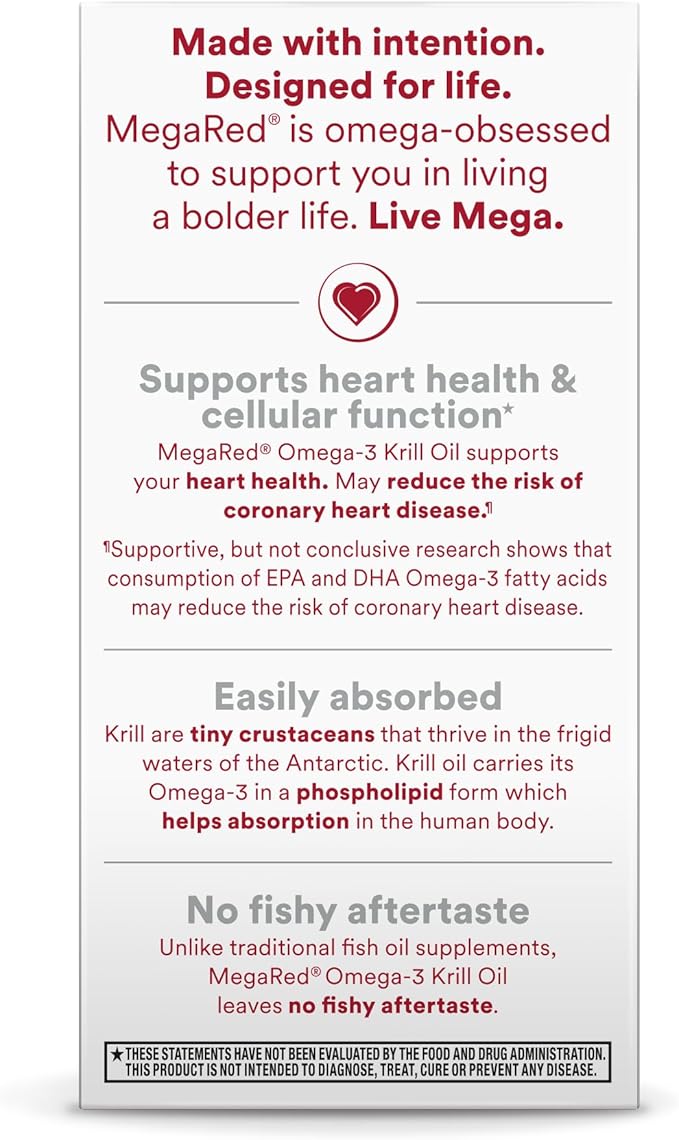 MegaRed Antarctic Krill Oil 750mg Omega 3 Fatty Acid Supplement Ultra Concentrate EPA &amp DHA Softgels Antioxidant Astaxanthin Heart Health Supplement with No Fish Oil Aftertaste 80ct