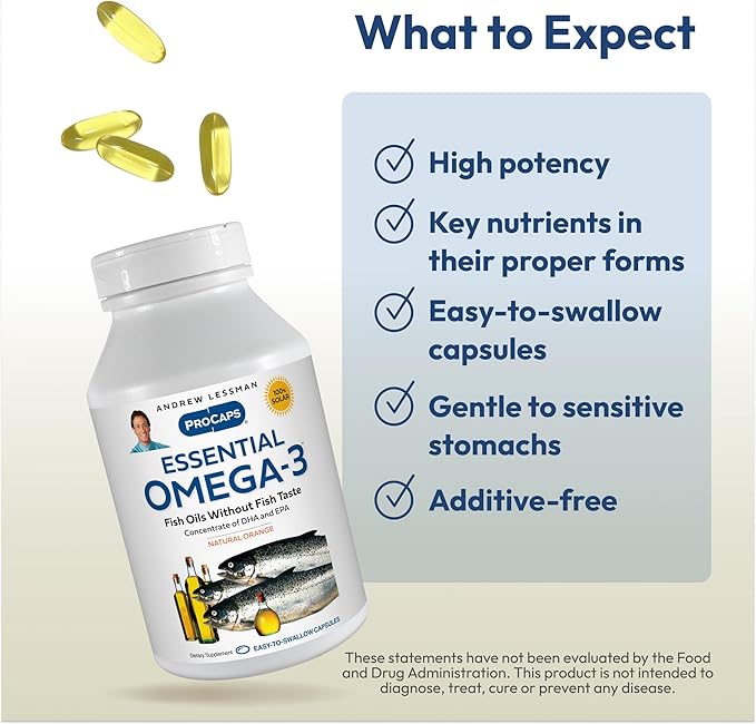 ANDREW LESSMAN Essential Omega-3 Orange - 360 Softgels - Ultra-Pure High Potency Omega-3 Oils. High DHA No Stomach Upset No Contaminants No Mercury. Small Easy to Swallow Softgels