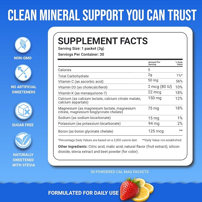 Dr. Price’s Cal-Mag Vites – Strawberry Lemon 30 Packs | Calcium Magnesium Powder Packets + Vitamin D3 K &amp Boron | Calming Bone &amp Muscle Support for Kids &amp Adults | Doctor-Formulated