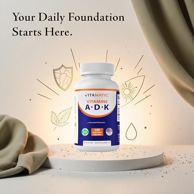 Vitamatic ADK Vitamin Supplement 180 Veg Capsules High Potency Vitamins A D3 K2 for Bone Health Calcium Absorption Non-GMO Gluten Free - 2 Pack
