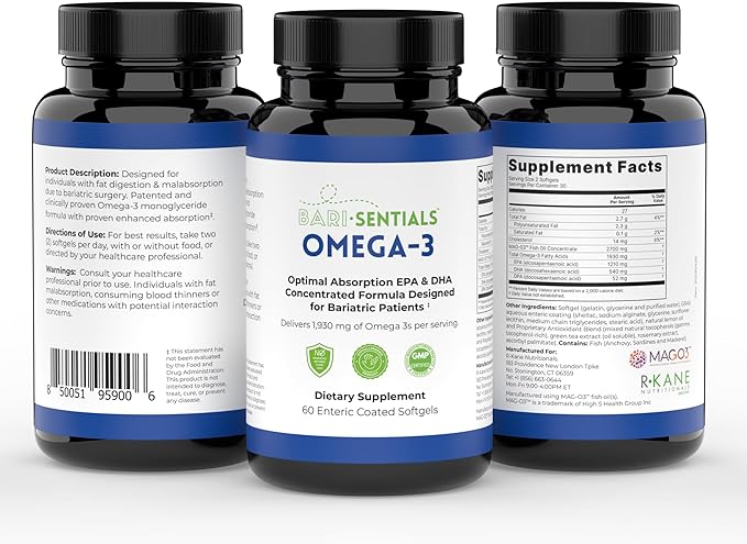 R-Kane Nutritionals Barisentials Omega-3 Supplement - 1930mg EPA &amp DHA Per Serving- Designed for Bariatric Patients- High Absorption MAG-03 Technology - 60 Coated Softgels (1-Month Supply)