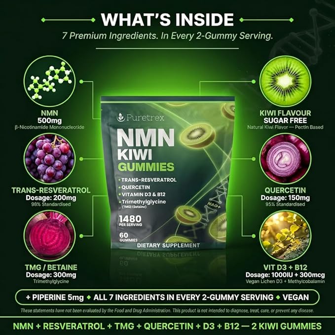 NMN 500mg + Trans-Resveratrol 200mg Kiwi Gummies with TMG Quercetin Piperine Vitamin D3 &amp B12 1480 mg Complex Cellular Health* Longevity* &amp Energy Support* 60 Vegan Gummies