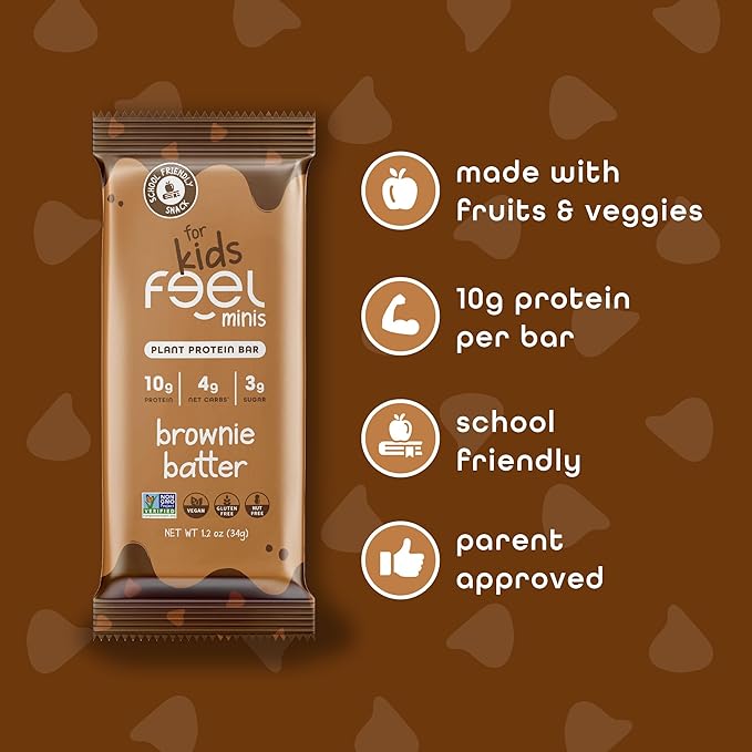 Feel Bar Minis – Kids Protein Bars | Brownie Batter – 12 Pack | 10g Plant Protein | 100 Calories | No Added Sugar | + Daily Veggies | Gluten Free No Nuts No Soy No Dairy No Grains