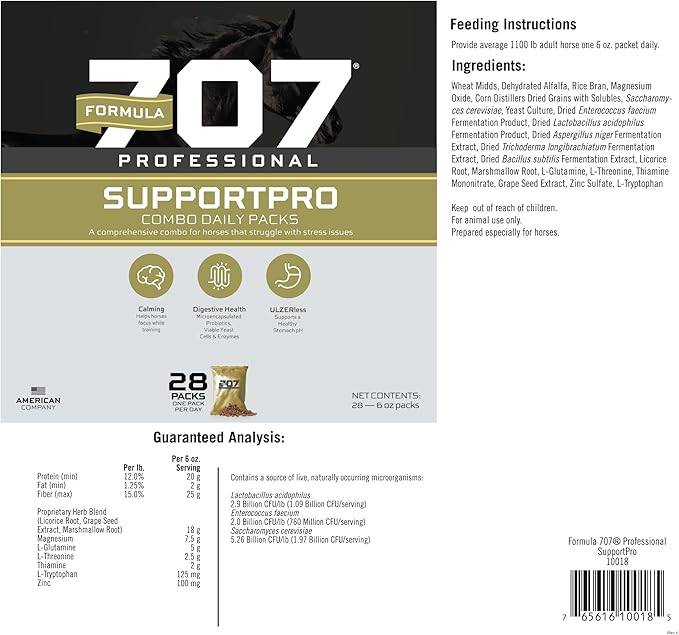 Formula 707 Support Pro Daily Packs for Horses - 28 Day Supply - Calming Ulcer Support Hindgut Health Focus &amp Stress Relief