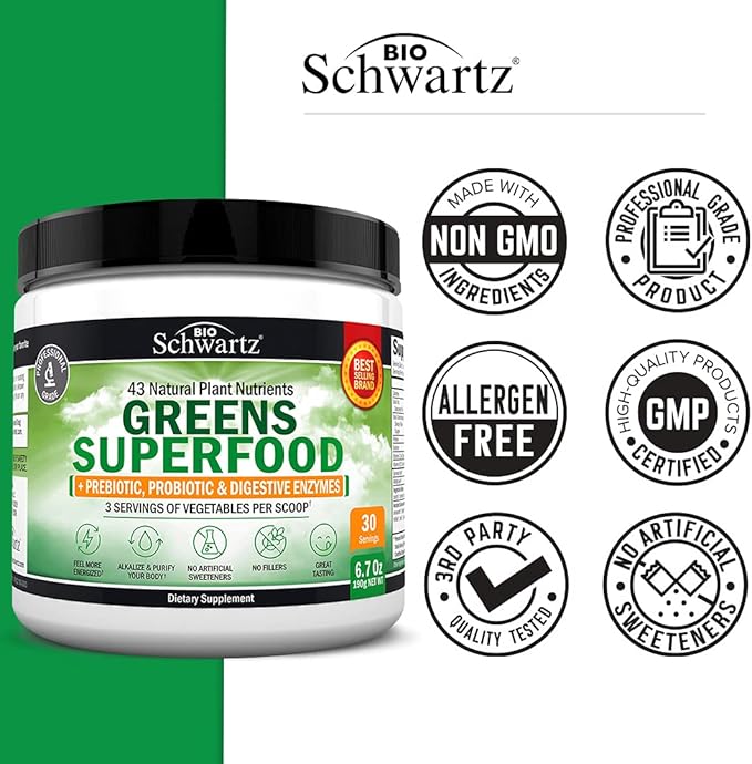 Super Greens Powder with Probiotics Prebiotics and Digestive Enzymes (30 Servings) Plus Advanced Strength Pre and Probiotics Supplement with Digestive Enzymes (2 Month Supply)