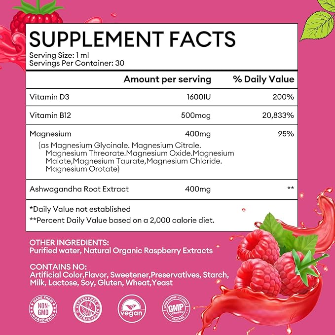(3 Pack) Magnesium Liquid Drops - 8 in 1 Magnesium Complex Supplement with Magnesium Glycinate Citrate Malate Taurate for Brain Night Muscle Bone Cramps Raspberry Flavor