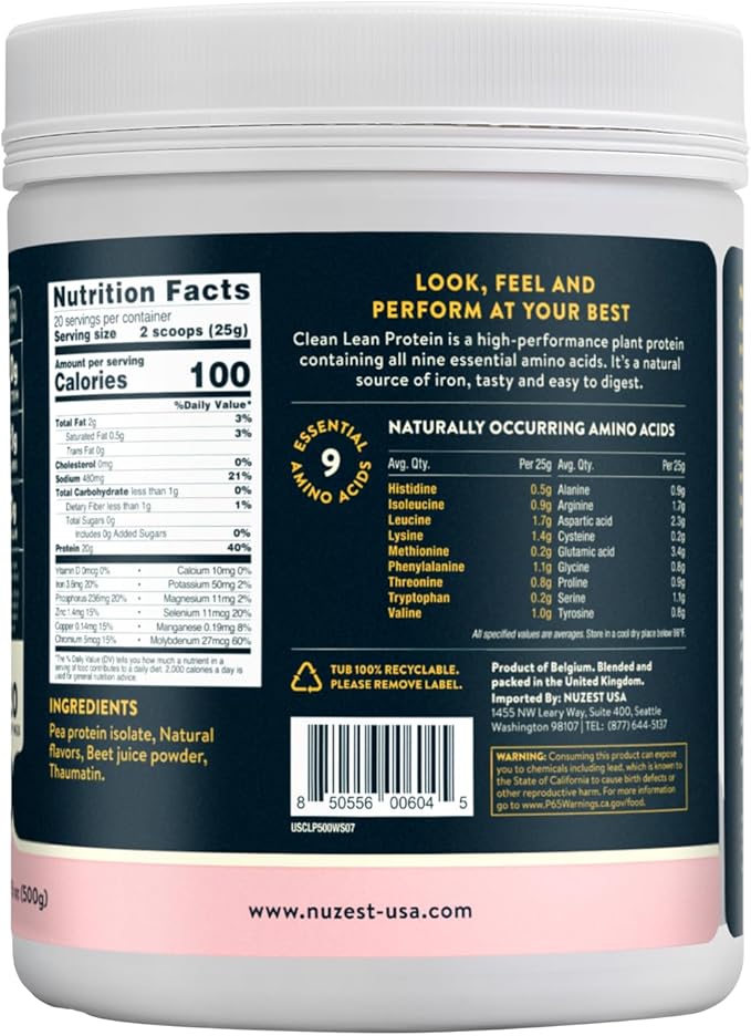 Nuzest Vegan Pea Protein Powder - Clean Lean Protein 20 Servings 20g Protein Wild Strawberry Protein Shake Mix + Sports Shaker Bottle 24oz