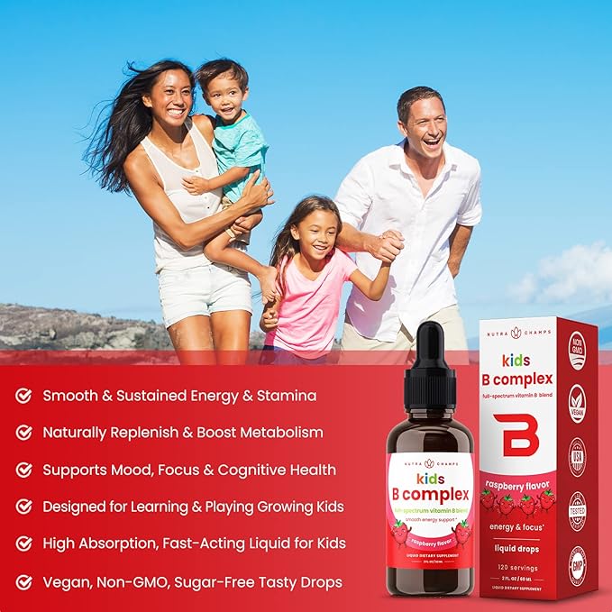 NutraChamps Vitamin B Complex for Kids B1 B2 B3 B6 B7 B9 &amp Methyl B12 Kids B Complex Liquid Drops Supplement Energy Focus Metabolism Natural Berry 120 Servings 4 Month Supply (Pack of