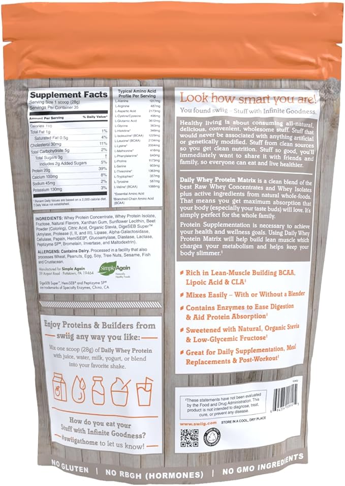 swiig Premium Daily Whey Protein Matrix Strawberry 2.2 lb – 20g Protein Gluten-Free Non-GMO No Fillers No Artificial Flavors Enhanced with Amino Acids for Muscle Recovery All Natural Formula